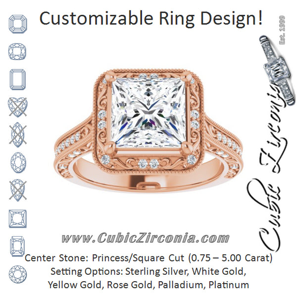 Cubic Zirconia Engagement Ring- The Eowyn (Customizable Vintage Artisan Princess/Square Cut Design with 3-Sided Filigree and Side Inlay Accent Enhancements)