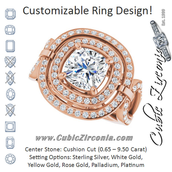 Cubic Zirconia Engagement Ring- The Daksha (Customizable Cathedral-set Cushion Cut Design with Double Halo & Accented Ultra-wide Horseshoe-inspired Split Band)