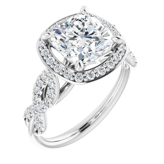 10K White Gold Customizable Cathedral-Halo Cushion Cut Design with Artisan Infinity-inspired Twisting Pavé Band