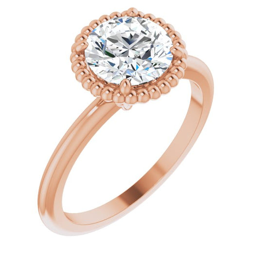 10K Rose Gold Customizable Round Cut Solitaire with Beaded Metallic Milgrain