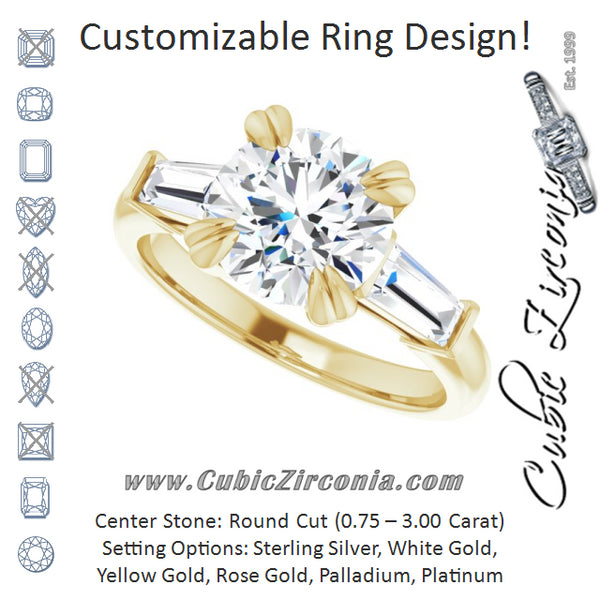 Cubic Zirconia Engagement Ring- The Betyhelena (Customizable 3-stone Round Cut Design with Tapered Baguettes)