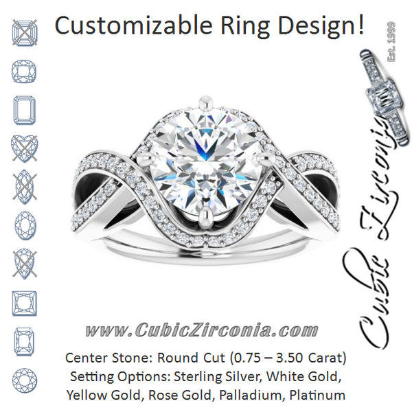 Cubic Zirconia Engagement Ring- The Gwenyth (Customizable Round Cut Design with Twisting, Infinity-Shared Prong Split Band and Bypass Semi-Halo)