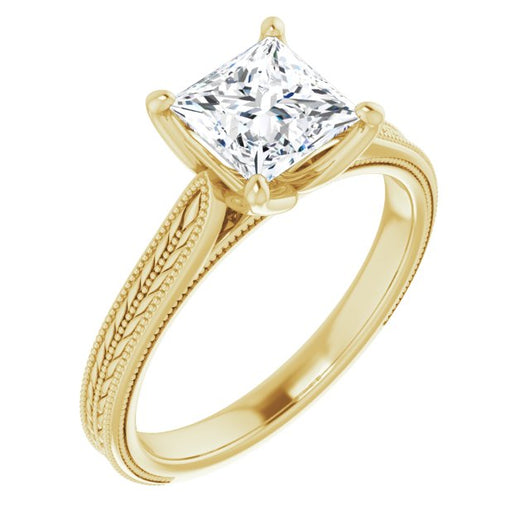 10K Yellow Gold Customizable Princess/Square Cut Solitaire with Wheat-inspired Band 