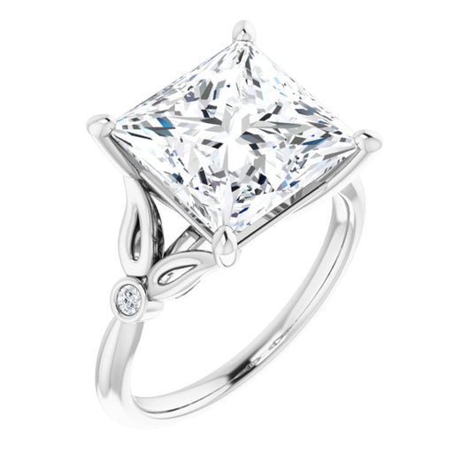 10K White Gold Customizable 3-stone Princess/Square Cut Design with Thin Band and Twin Round Bezel Side Stones