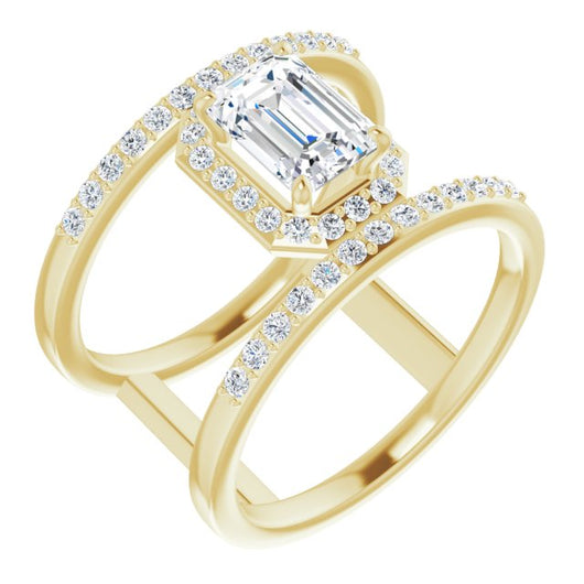 10K Yellow Gold Customizable Emerald/Radiant Cut Halo Design with Open, Ultrawide Harness Double Pavé Band