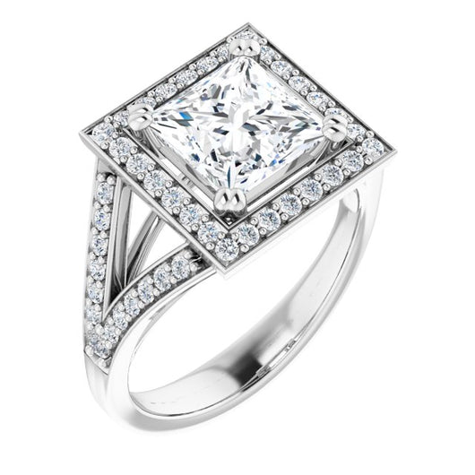 10K White Gold Customizable Cathedral-set Princess/Square Cut Style with Accented Split Band and Halo