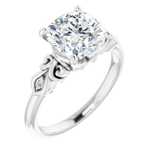 10K White Gold Customizable 3-stone Cushion Cut Design with Small Round Accents and Filigree