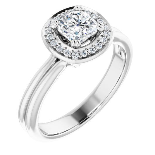 10K White Gold Customizable Cushion Cut Style with Scooped Halo and Grooved Band