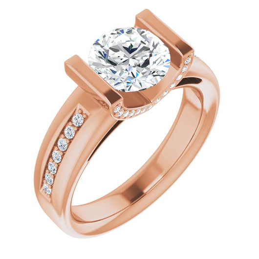 10K Rose Gold Customizable Cathedral-Bar Round Cut Design featuring Shared Prong Band and Prong Accents