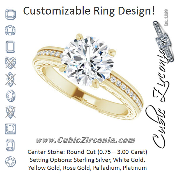 Cubic Zirconia Engagement Ring- The Angie (Customizable Round Cut Design with Rope-Filigree Hammered Inlay & Round Channel Accents)