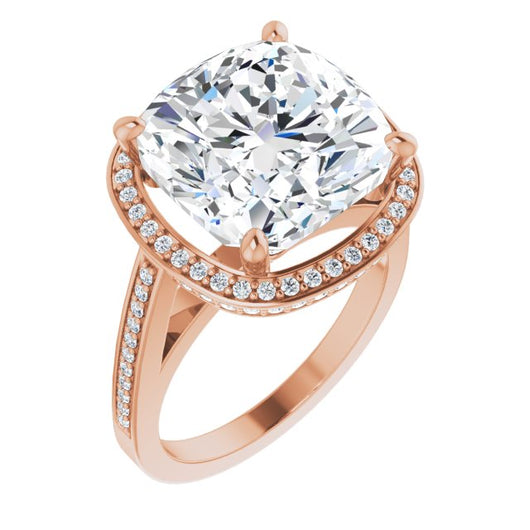 10K Rose Gold Customizable Cathedral-set Cushion Cut Design with Halo, Thin Pavé Band & Round-Bezel Peekaboos