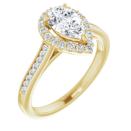 10K Yellow Gold Customizable Pear Cut Design with Halo, Round Channel Band and Floating Peekaboo Accents