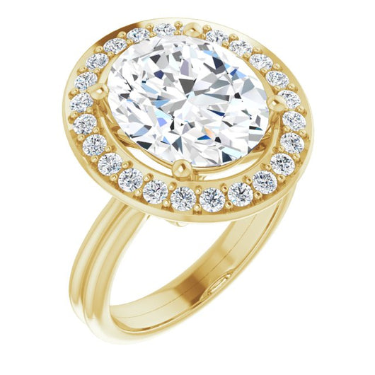 10K Yellow Gold Customizable Cluster-Halo Accented Oval Cut Style with Tapered Dual Band