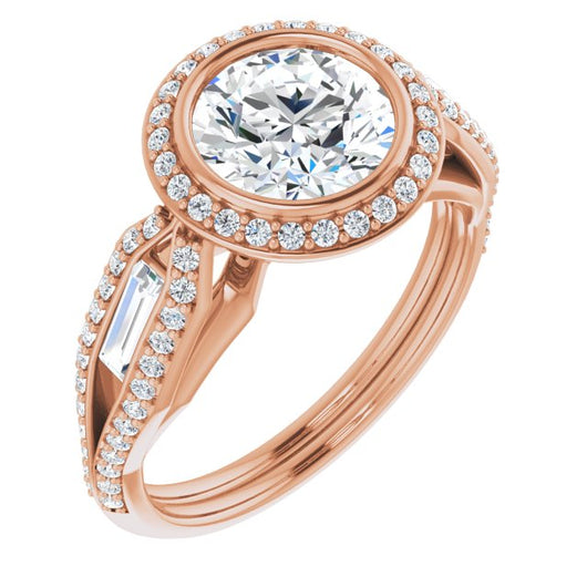 10K Rose Gold Customizable Cathedral-Bezel Round Cut Design with Halo, Split-Pavé Band & Channel Baguettes