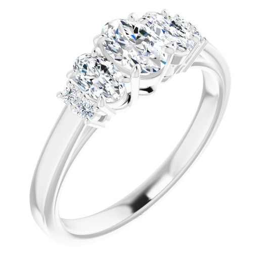 10K White Gold Customizable Triple Oval Cut Design with Quad Vertical-Oriented Round Accents