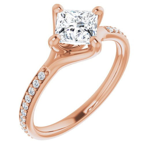 10K Rose Gold Customizable Princess/Square Cut Design featuring Thin Band and Shared-Prong Round Accents