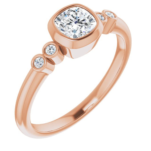 10K Rose Gold Customizable 5-stone Bezel-set Cushion Cut Design with Quad Round-Bezel Side Stones