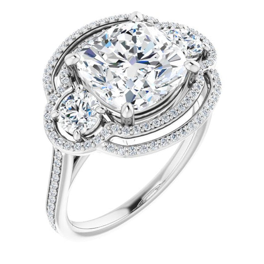 10K White Gold Customizable Enhanced 3-stone Double-Halo Style with Cushion Cut Center and Thin Band