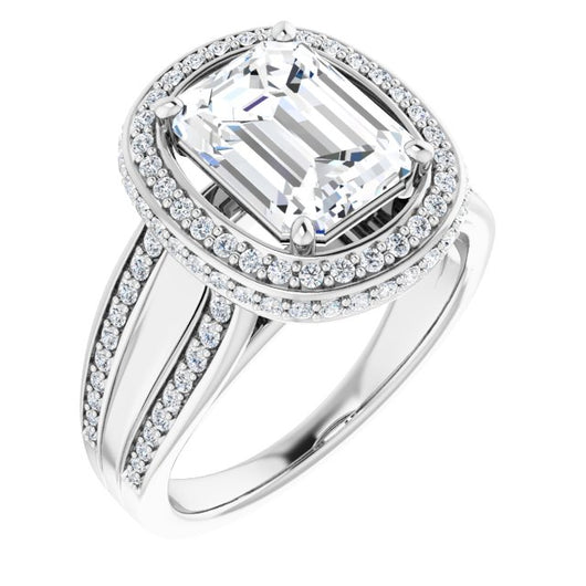 10K White Gold Customizable Halo-style Emerald/Radiant Cut with Under-halo & Ultra-wide Band