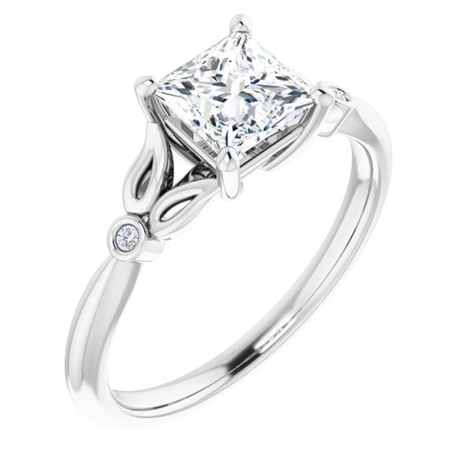 10K White Gold Customizable 3-stone Princess/Square Cut Design with Thin Band and Twin Round Bezel Side Stones