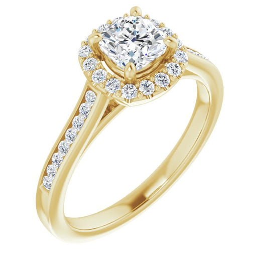 10K Yellow Gold Customizable Cushion Cut Design with Halo, Round Channel Band and Floating Peekaboo Accents