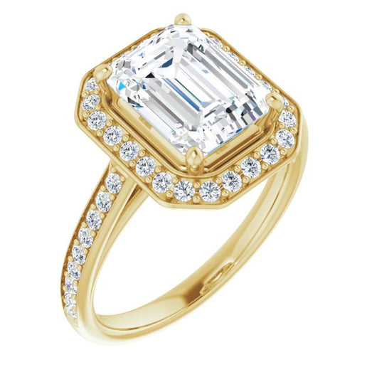 10K Yellow Gold Customizable Cathedral-raised Emerald/Radiant Cut Halo-and-Accented Band Design