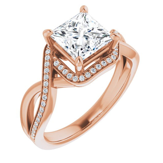 10K Rose Gold Customizable Bypass-Halo-Accented Princess/Square Cut Center with Twisting Split Shared Prong Band