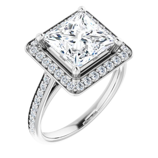 10K White Gold Customizable Cathedral-raised Princess/Square Cut Halo-and-Accented Band Design