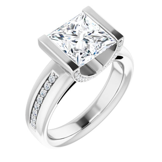 10K White Gold Customizable Cathedral-Bar Princess/Square Cut Design featuring Shared Prong Band and Prong Accents