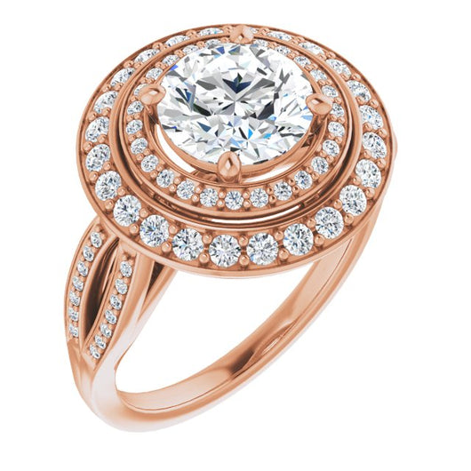 10K Rose Gold Customizable Cathedral-style Round Cut Design with Double Halo & Split-Pavé Band