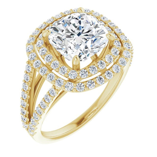 10K Yellow Gold Customizable Cushion Cut Design with Double Halo and Wide Split-Pavé Band