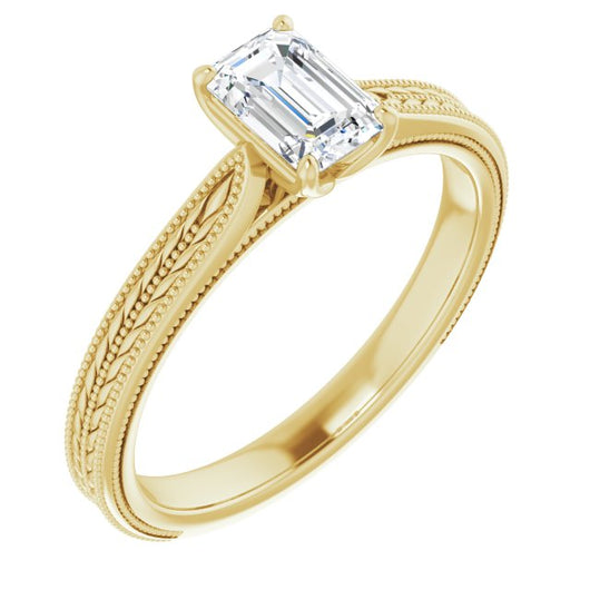 10K Yellow Gold Customizable Emerald/Radiant Cut Solitaire with Wheat-inspired Band 