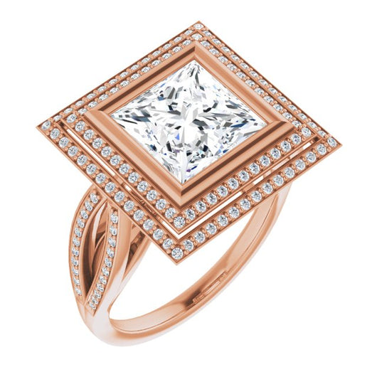 10K Rose Gold Customizable Bezel-set Princess/Square Cut Style with Double Halo and Split Shared Prong Band