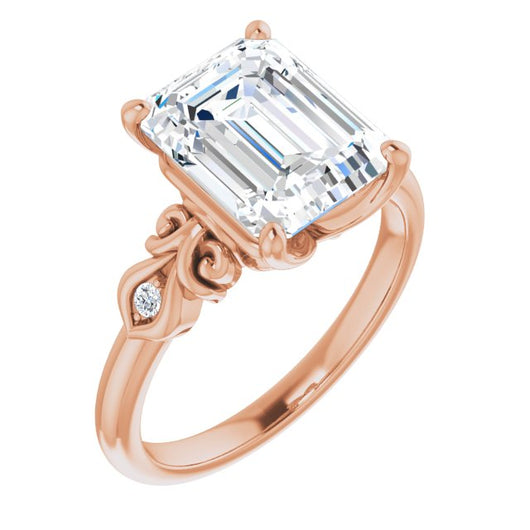 10K Rose Gold Customizable 3-stone Emerald/Radiant Cut Design with Small Round Accents and Filigree