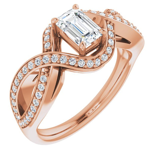 10K Rose Gold Customizable Emerald/Radiant Cut Design with Twisting, Infinity-Shared Prong Split Band and Bypass Semi-Halo