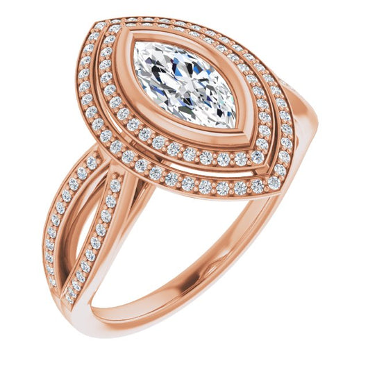 10K Rose Gold Customizable Bezel-set Marquise Cut Style with Double Halo and Split Shared Prong Band