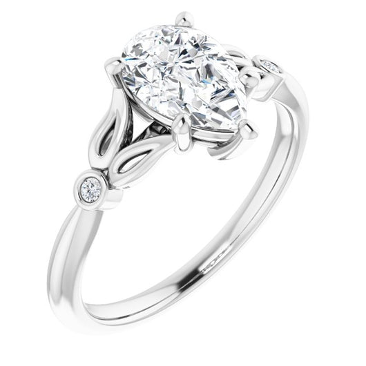 10K White Gold Customizable 3-stone Pear Cut Design with Thin Band and Twin Round Bezel Side Stones