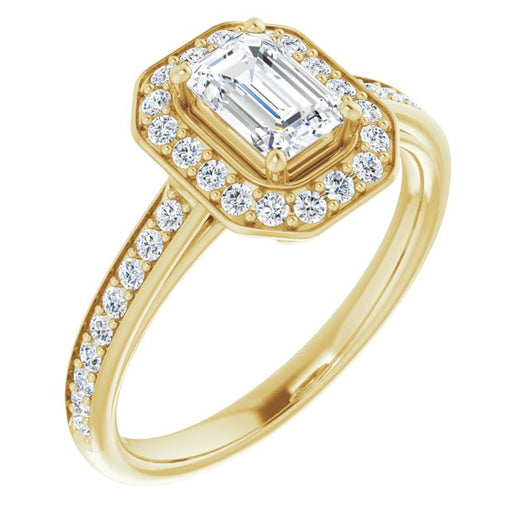 10K Yellow Gold Customizable Cathedral-raised Emerald/Radiant Cut Halo-and-Accented Band Design