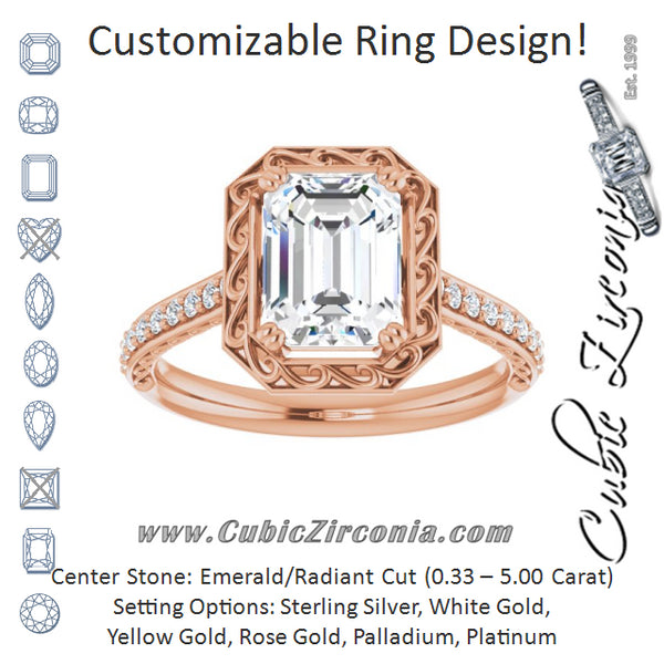 Cubic Zirconia Engagement Ring- The Montserrat  (Customizable Emerald Cut Halo Design with Filigree and Accented Band)