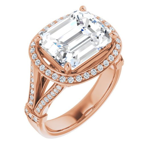 10K Rose Gold Customizable Emerald/Radiant Cut Setting with Halo, Under-Halo Trellis Accents and Accented Split Band