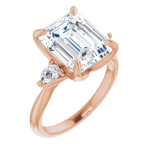 10K Rose Gold Customizable 3-stone Design with Emerald/Radiant Cut Center and Dual Large Pear Side Stones