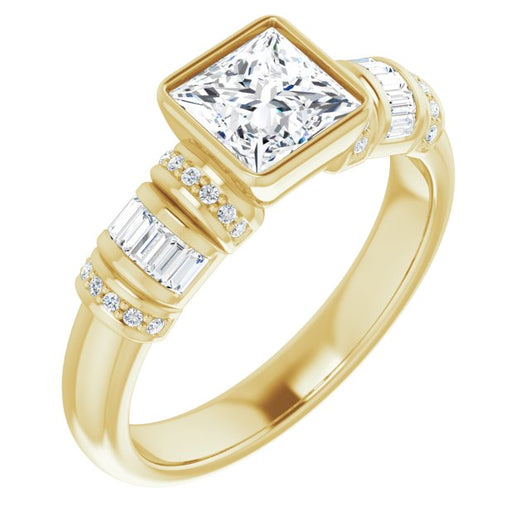 10K Yellow Gold Customizable Bezel-set Princess/Square Cut Setting with Wide Sleeve-Accented Band