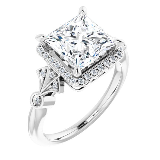 10K White Gold Customizable Cathedral-Crown Princess/Square Cut Design with Halo and Scalloped Side Stones