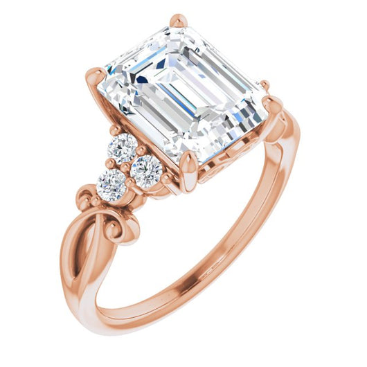 10K Rose Gold Customizable 7-stone Emerald/Radiant Cut Design with Tri-Cluster Accents and Teardrop Fleur-de-lis Motif