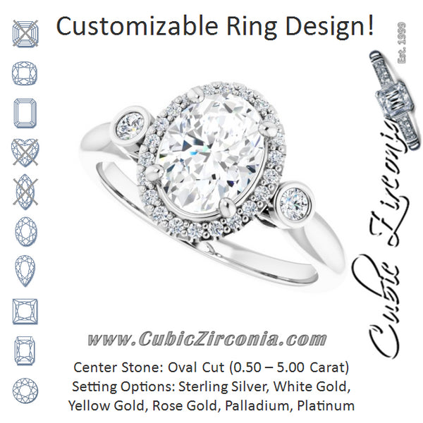 Cubic Zirconia Engagement Ring- The Adoración (Customizable Oval Cut Style with Halo and Twin Round Bezel Accents)