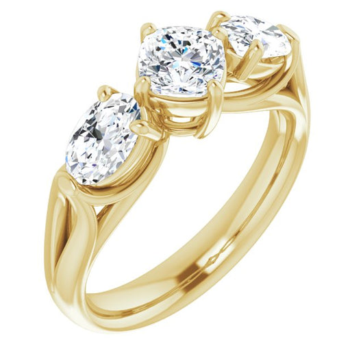 10K Yellow Gold Customizable Cathedral-set 3-stone Cushion Cut Style with Dual Oval Cut Accents & Wide Split Band