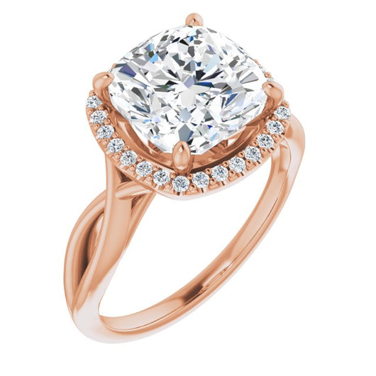 10K Rose Gold Customizable Cathedral-Halo Cushion Cut Design with Twisting Split Band