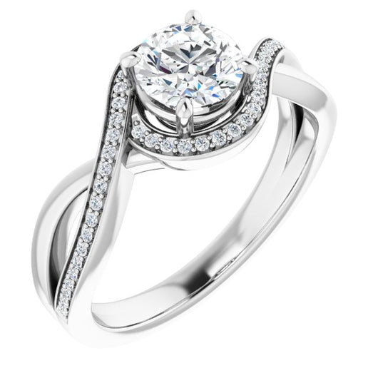 10K White Gold Customizable Bypass-Halo-Accented Round Cut Center with Twisting Split Shared Prong Band