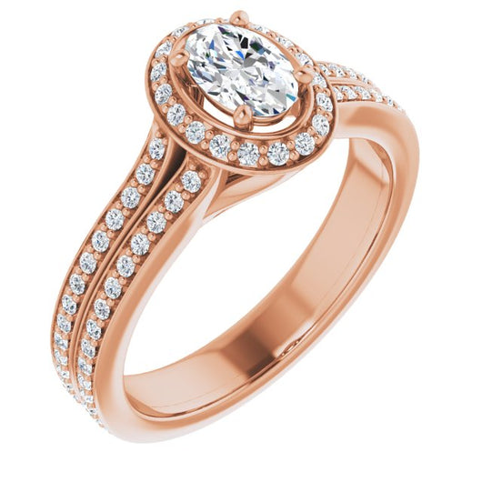 10K Rose Gold Customizable Cathedral-raised Oval Cut Setting with Halo and Shared Prong Band