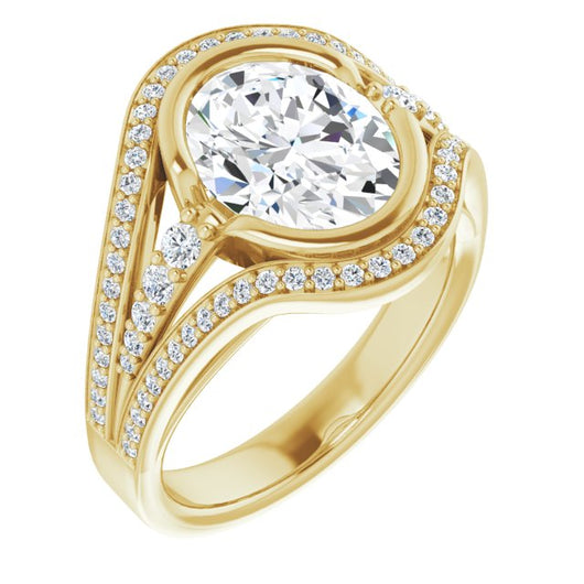 10K Yellow Gold Customizable Cathedral-Bezel Oval Cut Design with Wide Triple-Split-Pavé Band